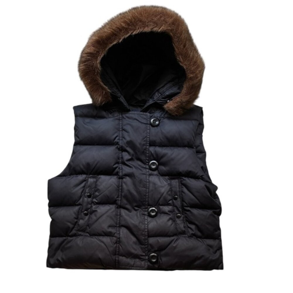 GAP Women’s Black Hooded Down Puffer Vest Faux Fur Trim Size Medium